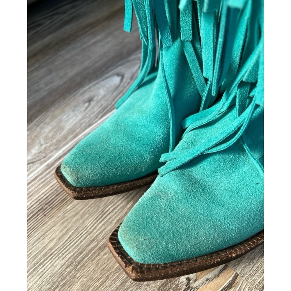 REAL Leather Tanner Mark Turquoise Fringe Cowgirl Boots sz 7 - Picture 4 of 8